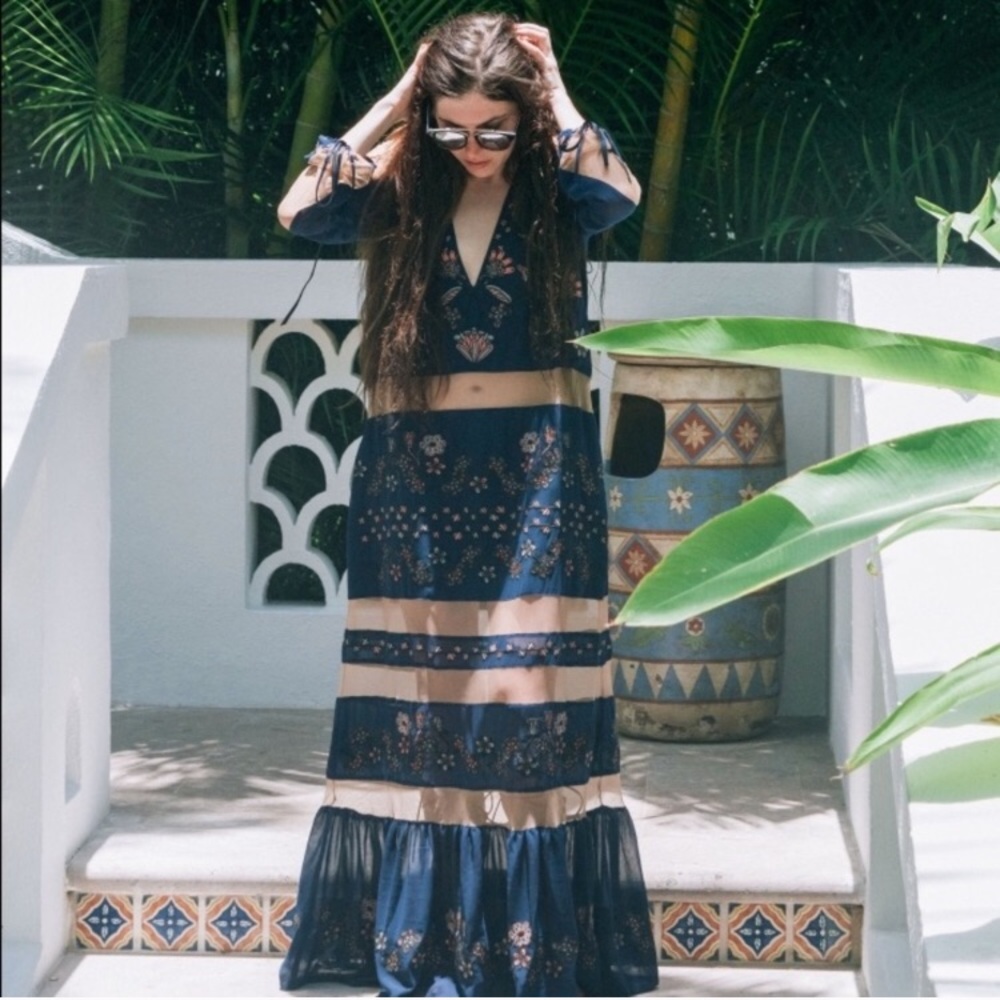 For Love & Lemons Niccola Maxi Dress Navy Sm NWOT